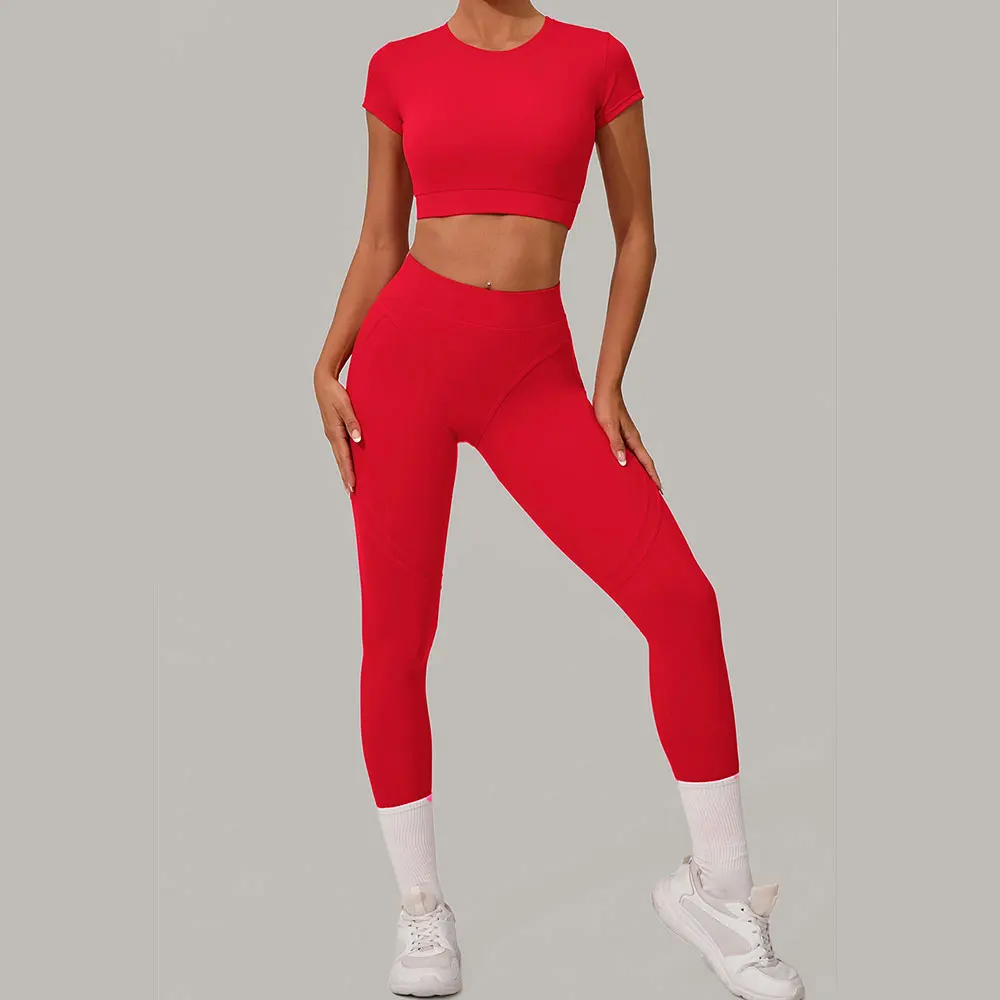 

Women Yoga Set 2PCS Seamless Sportswear Workout Clothes Athletic Wear Gym Legging Fitness Bra Crop Top Short Sleeves Sports Suit