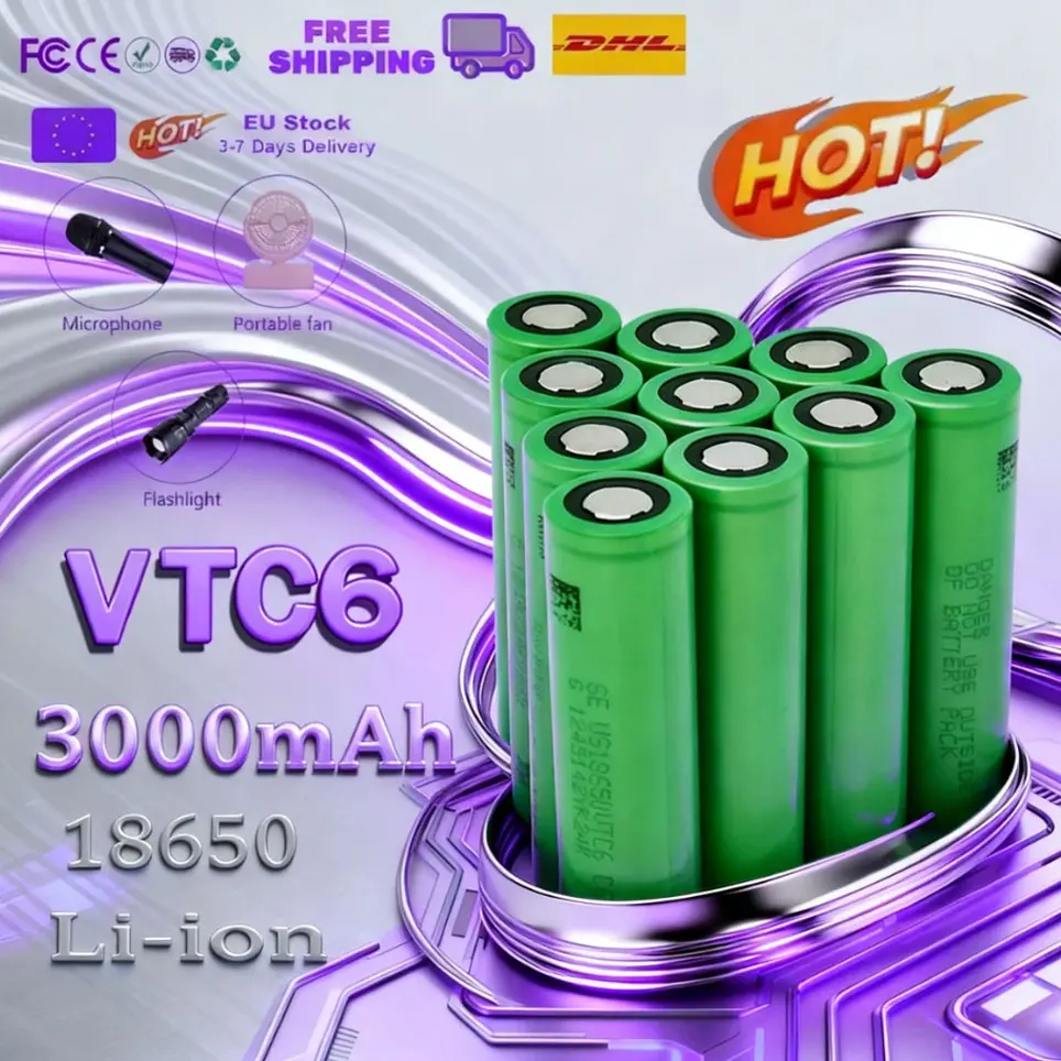 Batería Recargable VTC6 3.7V 3000mAh, Batería de Litio 18650 para Linterna, Coche de Juguete, Cámara