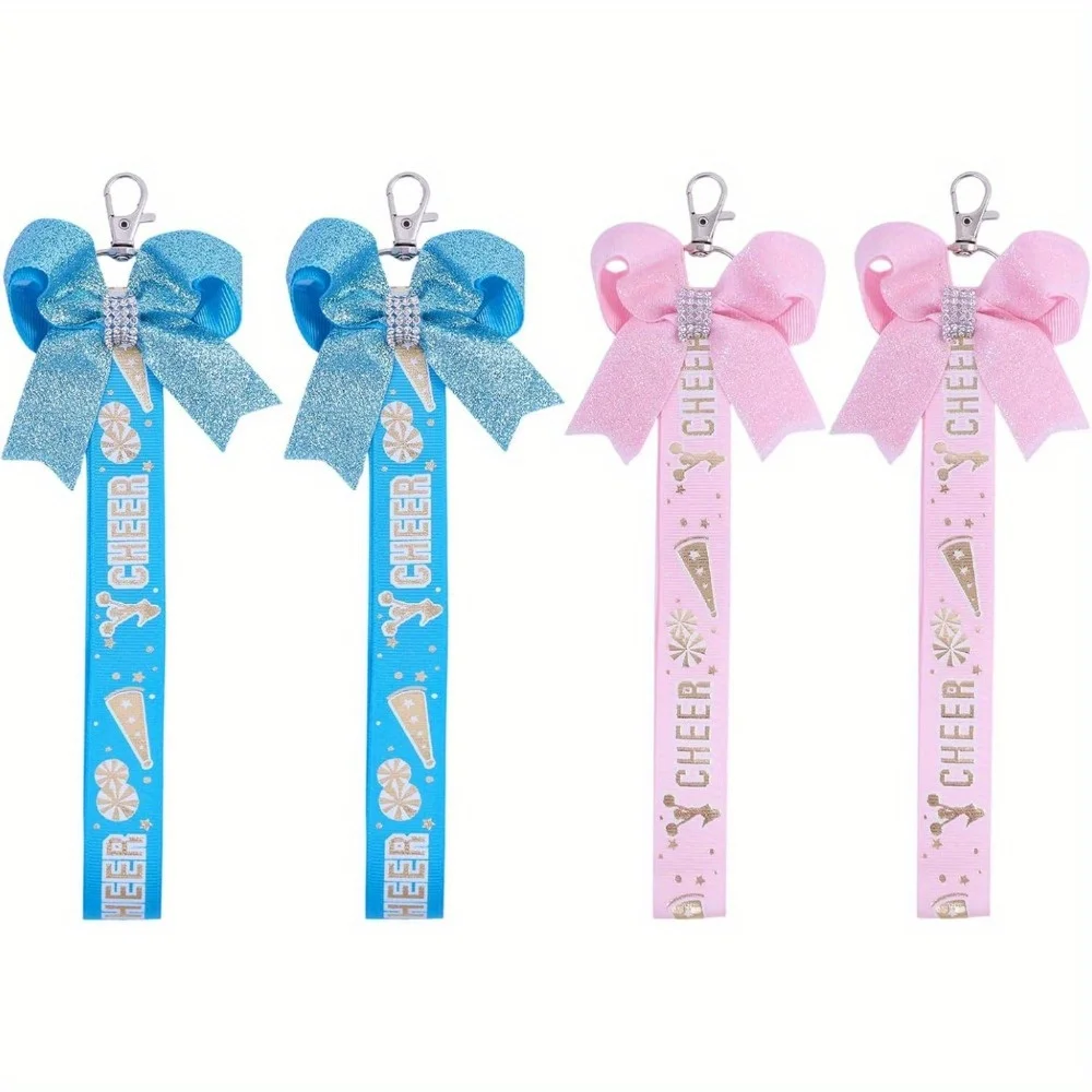 4 Pcs Cheer Bow Keychain Pom Pom Holder Cheer Pin Holder With Glitter Bow Cheerleader Tags Cheerleader Bow Keychains for
