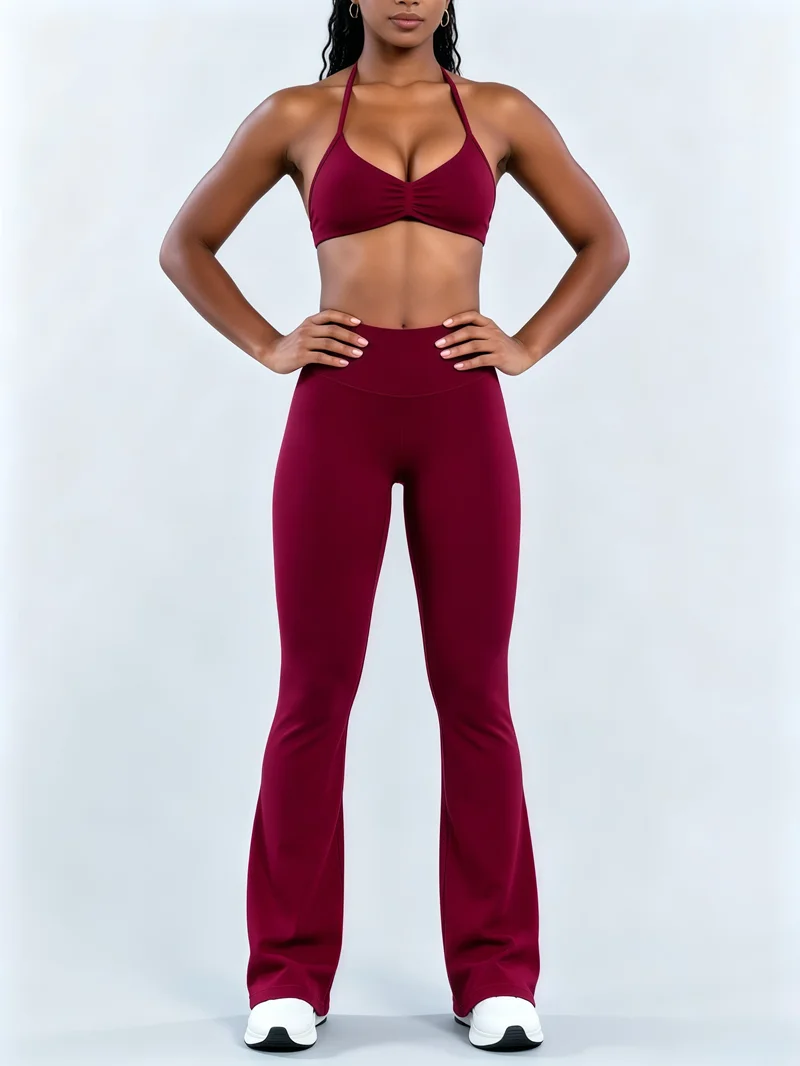 2 Pcs HISTELLO Sports Flares Leggings Set Women Yoga Open Back Strappy Bra Seamless Butt Lifting Gym Fitness Flared Pants Sets