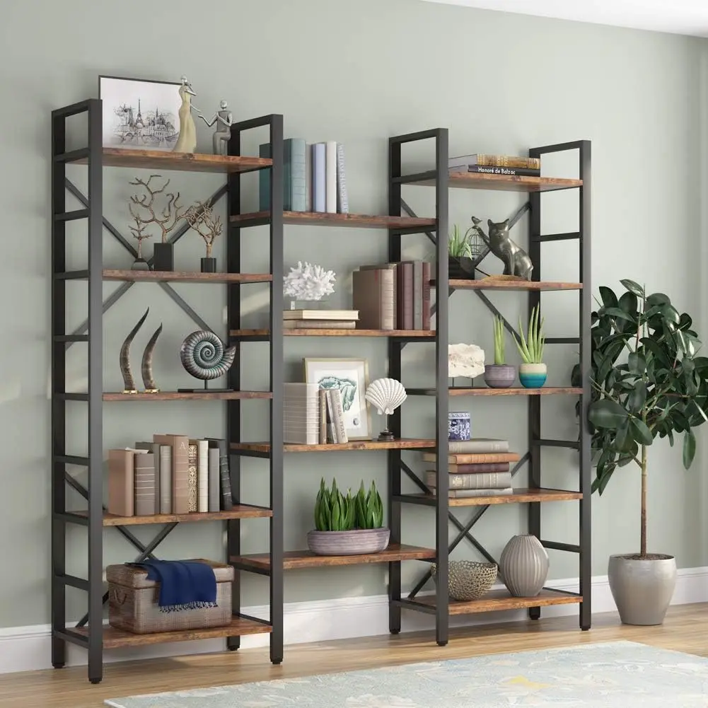 

Книжный шкаф Tribesigns Triple Wide с 5 полками, большая открытая книжная полка Etagere, винтажные полки в индустриальном стиле, книжные шкафы из дерева и металла