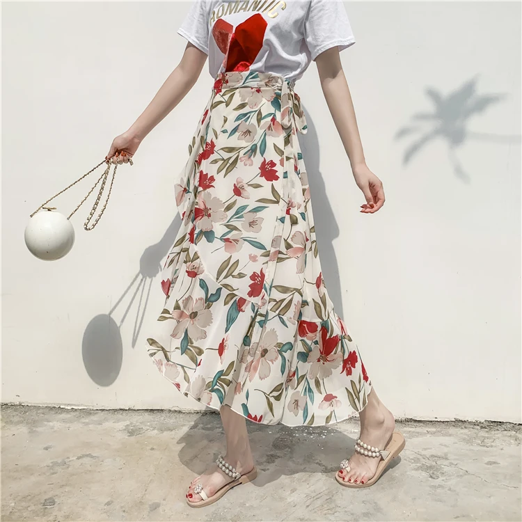

Юбка с высокой талией, женская шифоновая пляжная юбка с завязками, длинная юбка с асимметричным подолом, фасон «труба», с цветочным узором