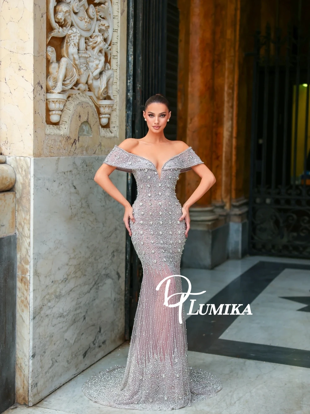 

Luxury Heavy Beaded Off Shoulder Sheer Mermaid Evening Dress Train Formal Sparkly Prom Gala Wedding Guest Party Gown Customized