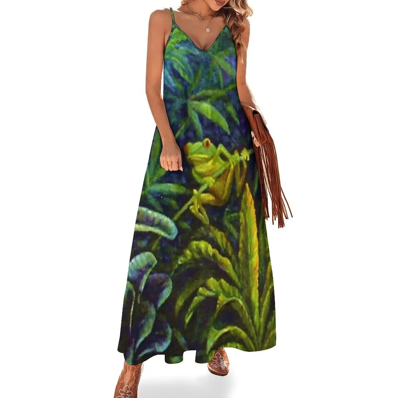 

RED EYED GREEN TROPICAL TREE FROG Sleeveless Dress beach outfits for women loose summer dress Dress