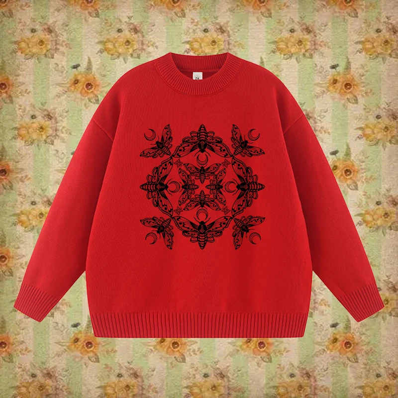 

Осенне-зимний пуловер в стиле Харадзюку с эстетическим узором бабочки, модный классический повседневный женский вязаный пуловер с круглым вырезом