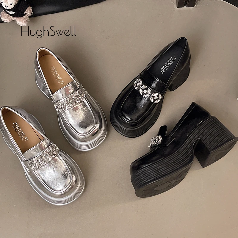 

Luxury Crystal Buckle Platform Loafer Woman Elegant Thick Sole High Heel Slip-on Leather Shoe Ladies Bling British Dress Zapatos