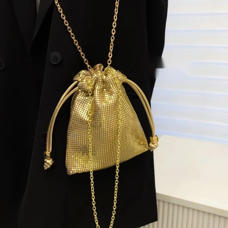 2024 Gold Shining Aluminum Drawstring Bucket Bag Banquet Sparkling Bead Lucky Bag Chain Armband Cross Shoulder Small Bag