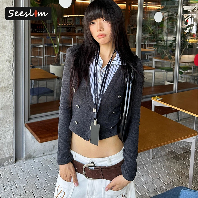 

Seeslim England Style Patchwork Fake Two Piece Tops Autumn T Shirt Women Clothes Long Sleeve 2000s Clothes Y2k Tees Female Chic