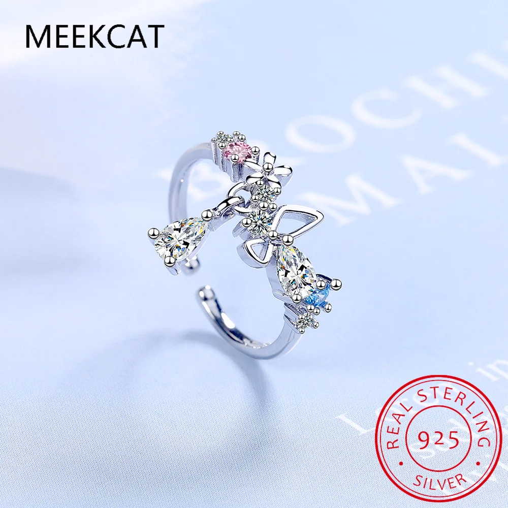 925 Sterling Silver Small Fresh Flower & Water-drop Shaped Zircon Finger Ring Adjustable for Women Exquisite Fine Jewelry BSR308