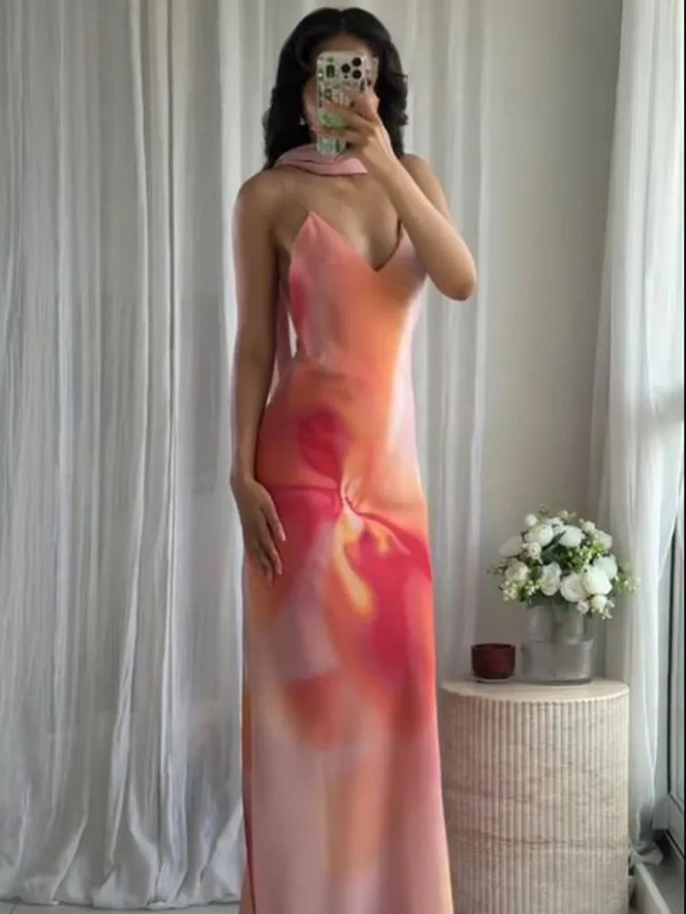 

HH Women Summer Holiday V-neck Print Long Scarf Sleeveless Slim Dress Female Elegant Sexy Backless Party A-Line Dress Mujer