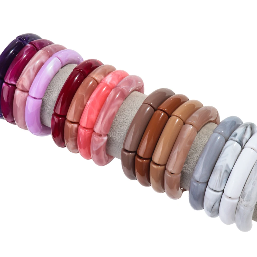 New Bamboo Tube Acrylic Stack Elastic Bracelets set for Women Men Vintage 4pcs Chunky Big Elbow Beaded Cuff Bangle Boho Jewelry