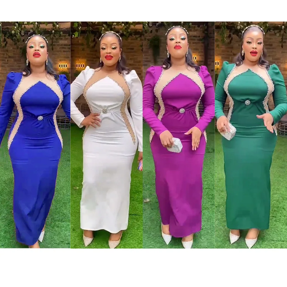 Women Long Sleeves Party Dress Patchwork Mesh Beads Church Spring African Female Event Elegant Occasion Gowns Wedding Guest 2024