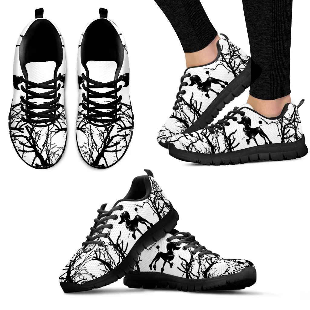 INSTANTARTS Fashion Black Branch Design Poodle Print Summer Comfortable Breathable Shoes White Sport Shoes Zapatos Planos