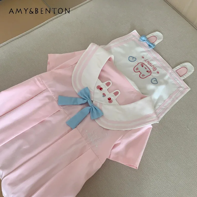 25COSCute آذان أرنب مطرزة الياقة البحرية فستان قصير نحيف الصيف اليابانية نمط Preppy الحلو كم قصير سليم الوردي مطوي