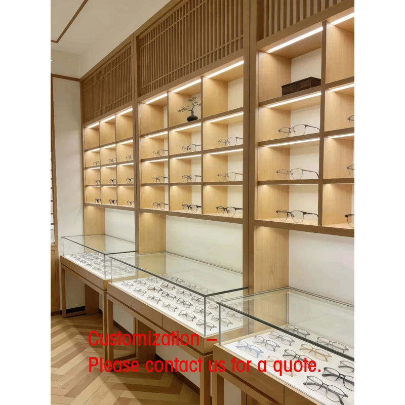 custom.Glass Wooden Sunglasses Eyewear Display-LED Lighting Heavy Duty Varnished Cubical Design Standing/Floor/