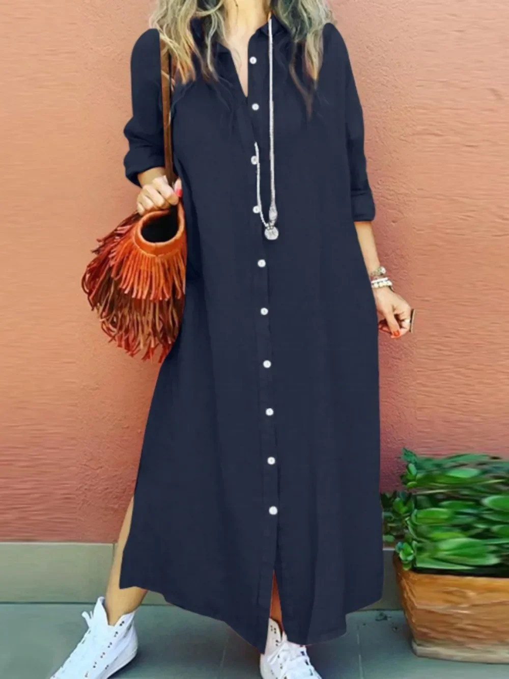 Le donne musulmane vestono la camicia con orlo diviso abiti lunghi risvolti maniche lunghe Cardigan allentato camicia Robe Ramadan Vestidos Largos autunno