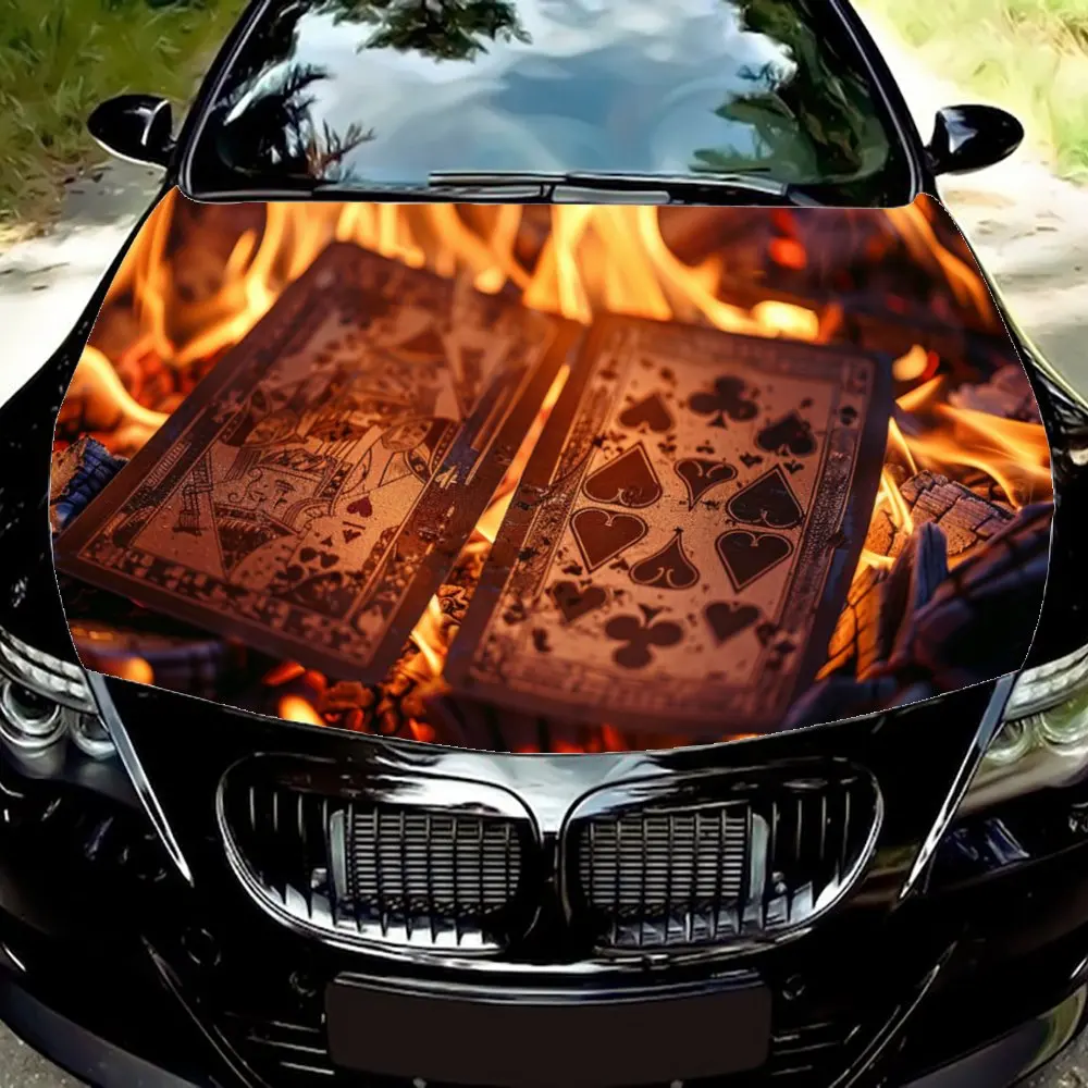 クールな燃焼炎ポーカーカード車のボンネットラップカラービニールステッカートラックグラフィックボンネット自動車アクセサリー装飾保護デカールギフト