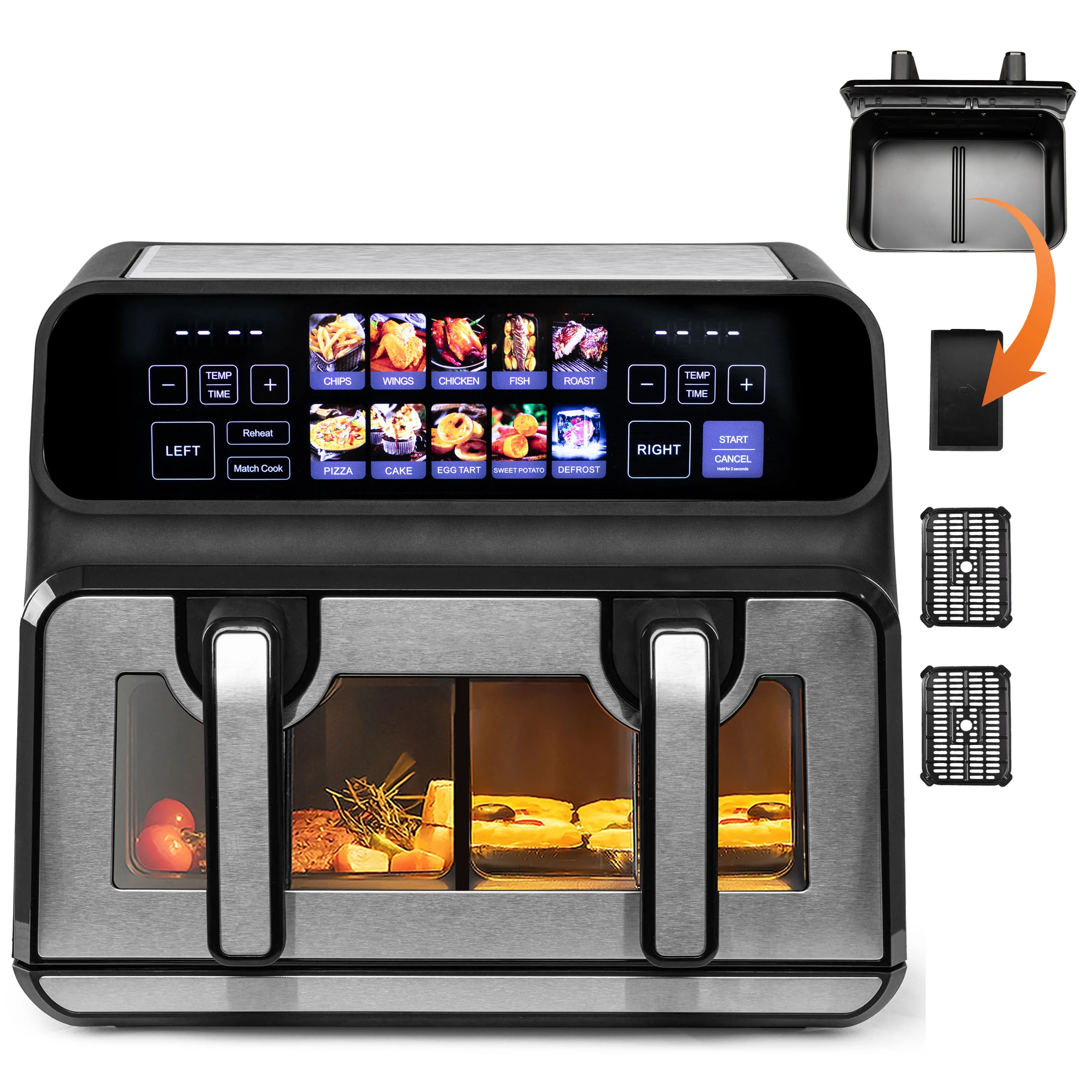 Sinaopus 2200W Heißluftfritteuse 9L mit Doppelkorb, Ölfreier Kocher, LED-Touch-Steuerung, Sichtfenster, 10-in-1 Multifunktion, Familien-Smart-Ofengröße