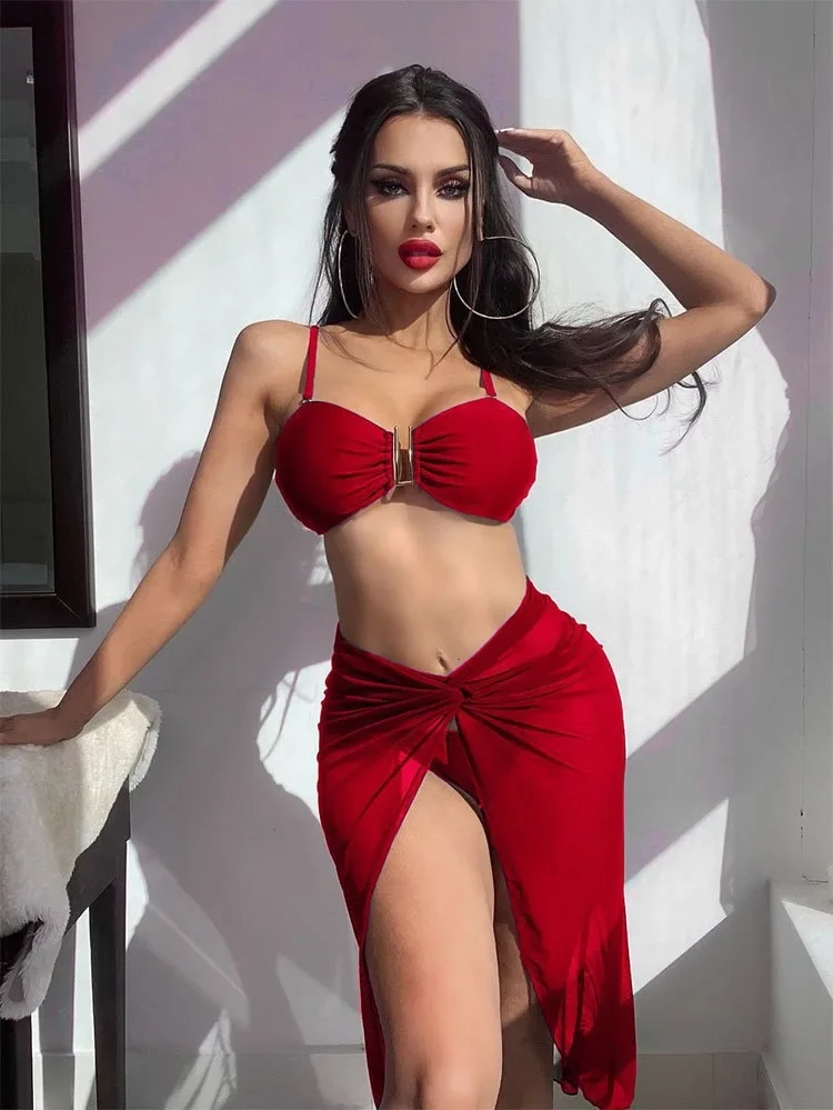 

2025 Solid Color 3-Piece Bikini Set - Women's Sexy U-Shaped Swimwear Cover Up High Waist Bottom for Beach Sexy Split Long Skirt