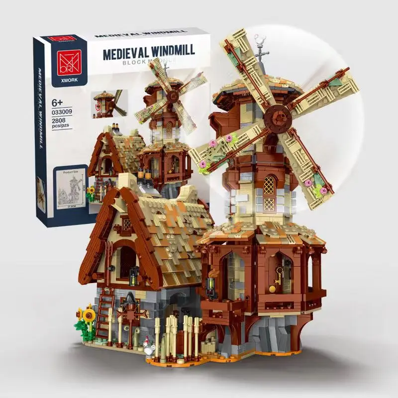 2808 Stück die mittelalter liche Windmühle Stadt Markt Schmiede Stadt Retro Haus Straßen ansicht blockiert Modellbau Spielzeug Ziegel für Kinder Geschenk