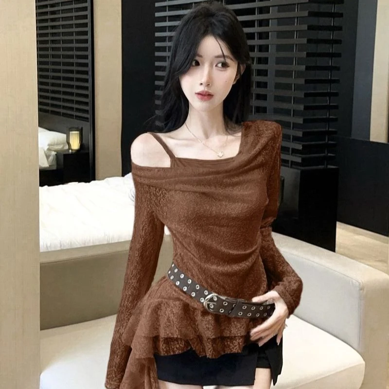 

Y2k одежда футболка для женщин однотонная весна осень нерегулярная Ropa De Mujer винтажные сексуальные модные футболки с отложным воротником