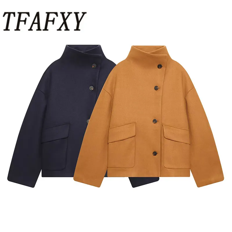 

TFAFXY Women Loose Jacket 2026 Spring Long Sleeve Casual Stand Collar Buttons Trench Coat Female Outerwear Y2K