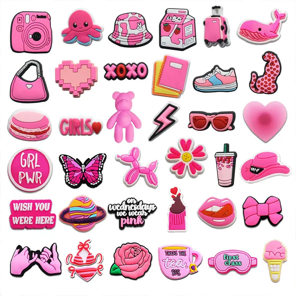

36pcs Pink Valentine Shoe Charms For Clogs Beach Bag Decorations Bubble Slides Sandals PVC Shoe Accessories Friends Gifs