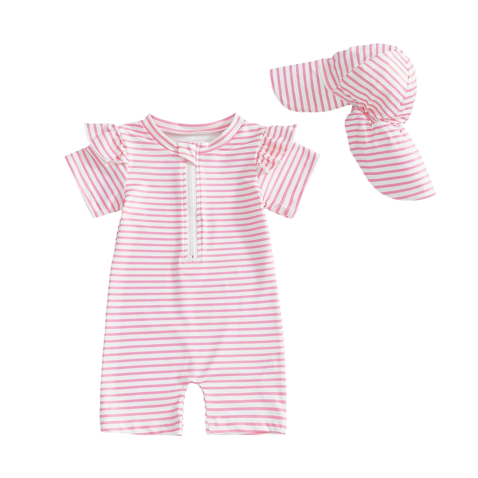 ملابس سباحة للفتيات الصغيرات مع قبعة مكونة من قطعتين، ملابس سباحة مخططة مكشكشة وسحاب وأكمام قصيرة