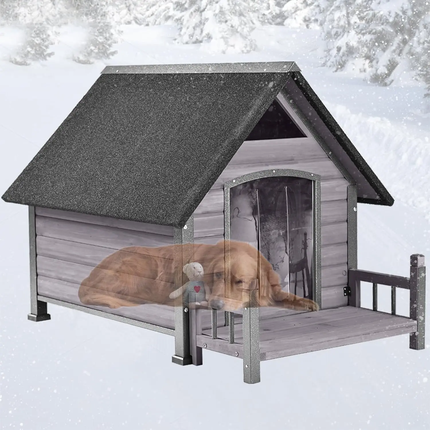 Dog House Outdoor Dog Kennel Outside for Large Breed Weatherproof Large Dog Shelter with Anti-Chewing Iron Frame