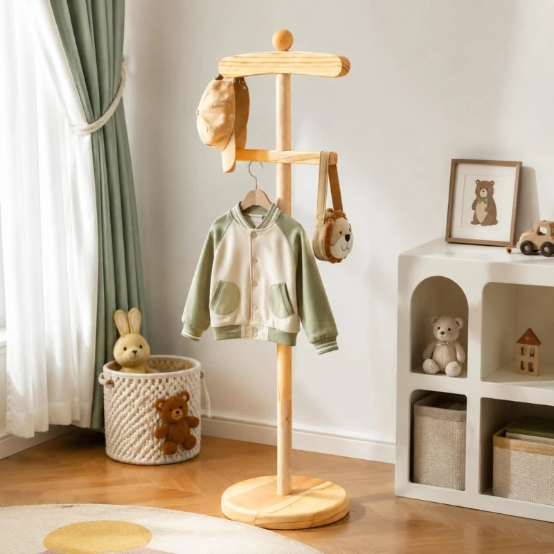 Wooden Baby Clothes Display 2-Pack, Freestanding Baby Dress Hanger Organizers with Two-Level Hanging Bars for Nursery, KXRE
