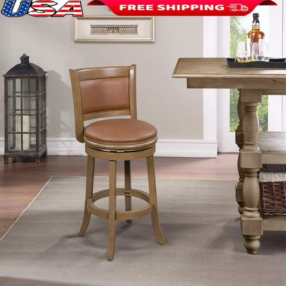 

Wood Faux Leather Swivel Counter Stool Durable Rubberwood 360 Degree Swivel Seat Footrest Comfortable Padded Cushion Kitchen