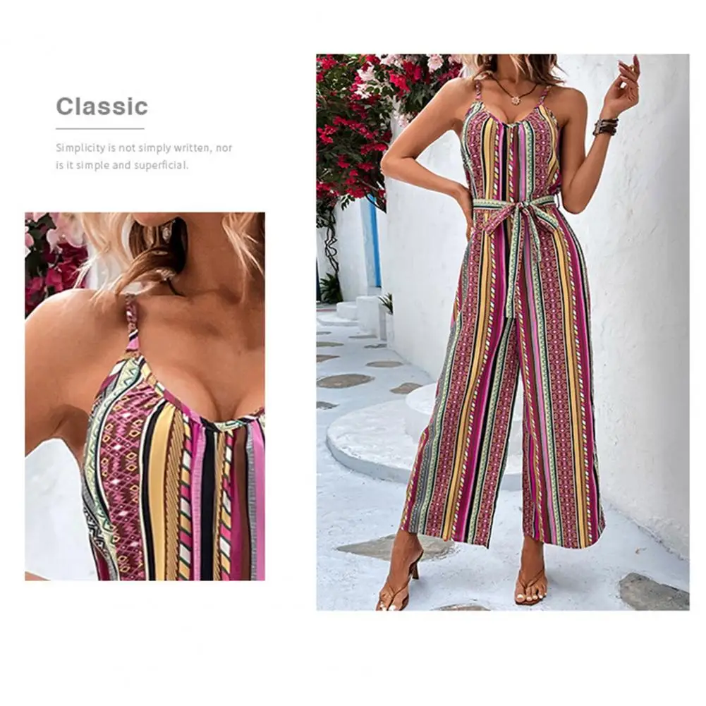 

Striped Sleeveless Jumpsuit Colorful Striped Women's Summer Jumpsuit with V Neck Wide Leg Sleeveless Vacation Ninth for A