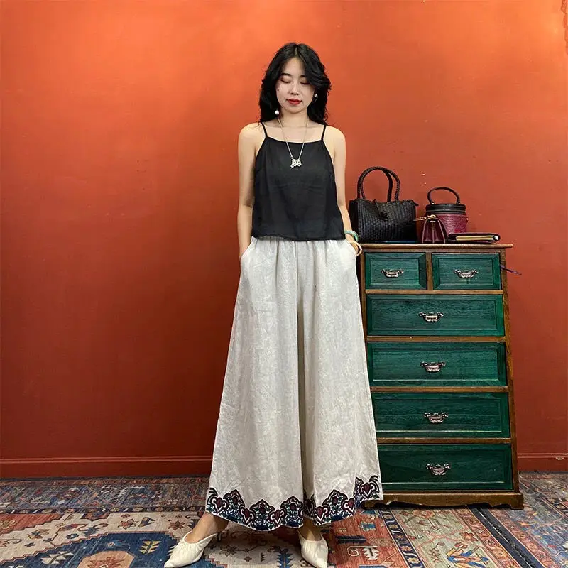 Ethnic Style Pants Chinese Style Embroidered Thin Wide-leg Pants Retro Versatile High-waisted Nine-point Pants for Women