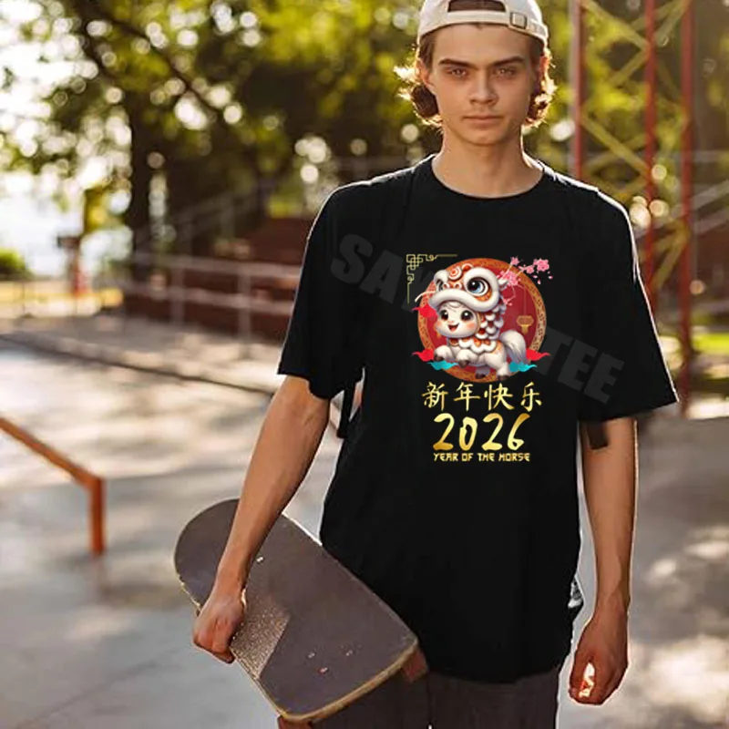سنة الحصان 2026 لطيف السنة القمرية الصينية الجديدة 2026 الأسرة تي شيرت الأولاد موضة الجدة هدية قصيرة الأكمام البلوزات قائلا المحملة #4