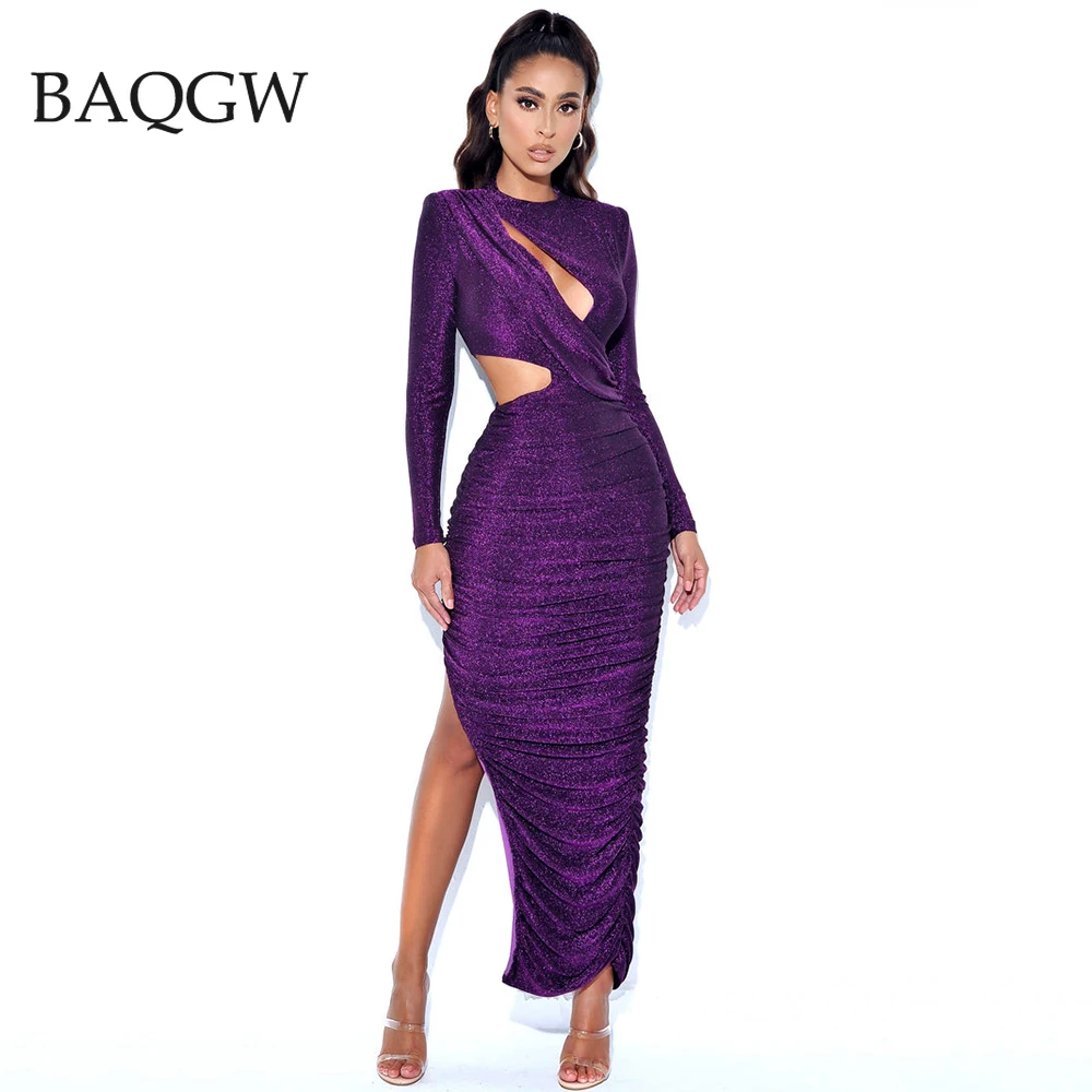 

Fashion Pleated Bodycon Sparkly Luxury Dress 2023 New Women Long Sleeve Autumn Cut Out Design Clothes Club Party Maxi Dresses