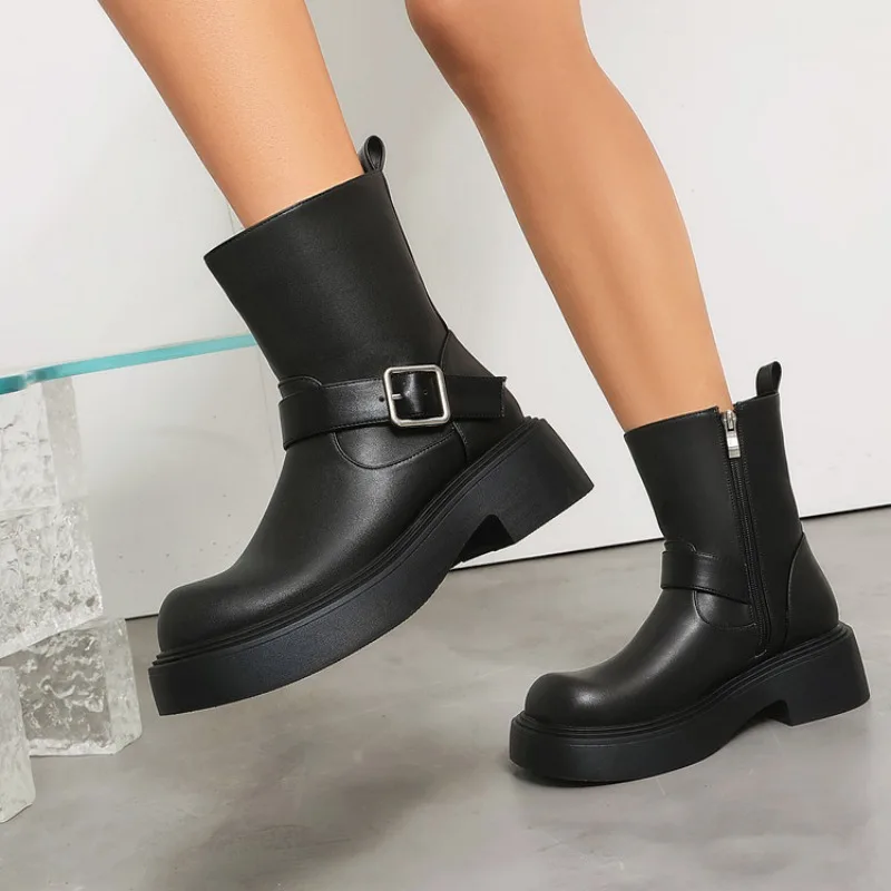 New 2026 Women Square Heel Soft Leather Thick Sole Ladies Zipper Knight Flats Heel Boots Fashion Single Ankle Short Boots