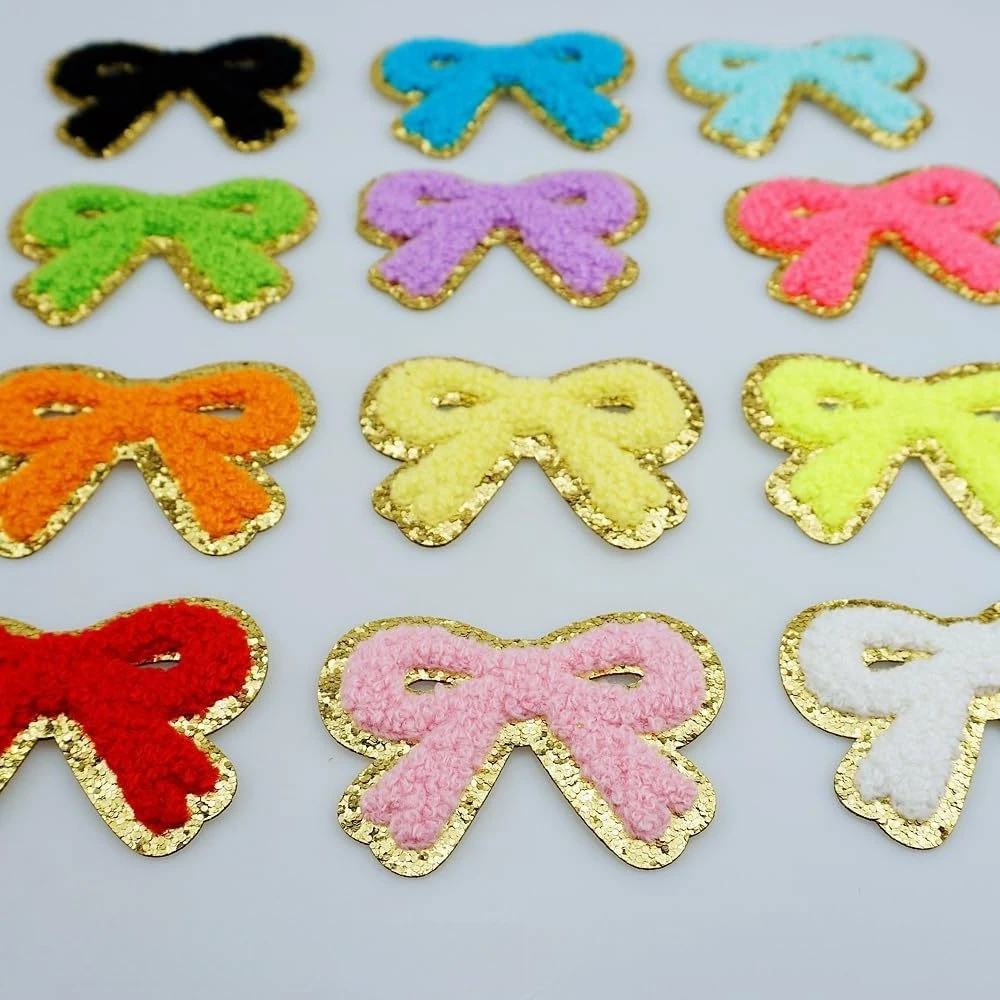 5 Stück/Set Glitzer-Chenille-Schleifen-Aufnäher, bestickte Aufnäher mit Goldrand zum Aufbügeln für DIY-Nähprojekte, Applikationen, Kleidungszubehör – Detail 7