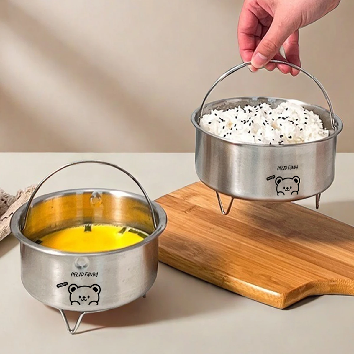 304 Stainless Steel Steamed Egg Bowl With Holder & Handle Heat-resistant Stew Bowl Rice Bowl Food Container Kitchen Tableware