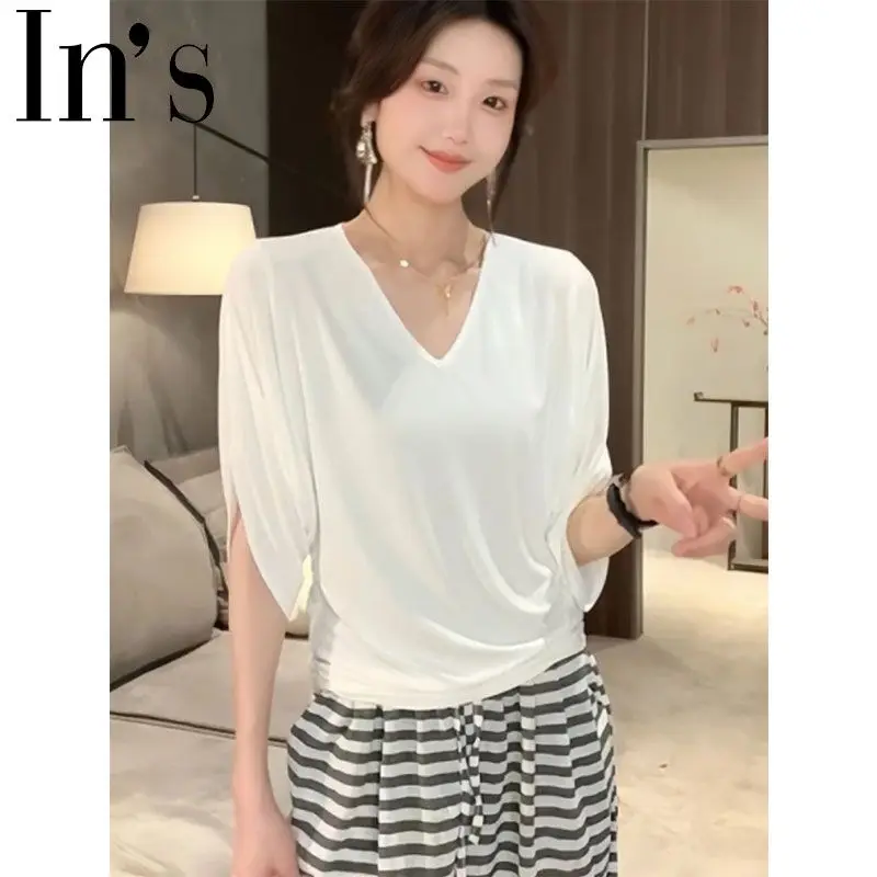 

Women Summer Korean Loose V-neck Solid Color Batwing Sleeve Temperament T-Shirt Ladies Simplicity All-match Office Lady Tops