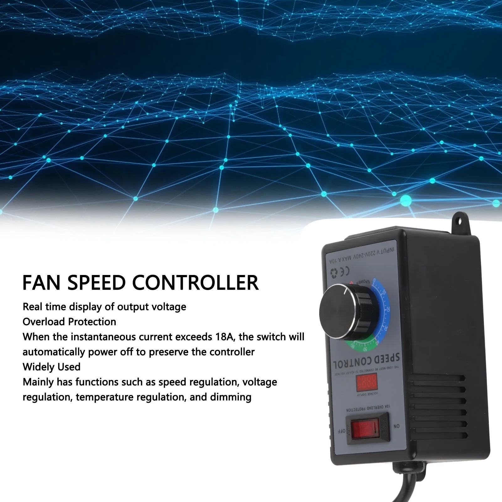 

AC Motor Speed Controller 10A 0-220VAC Output AC220-240V AU Input Variable Fan Speed Regulator with Overload Protection