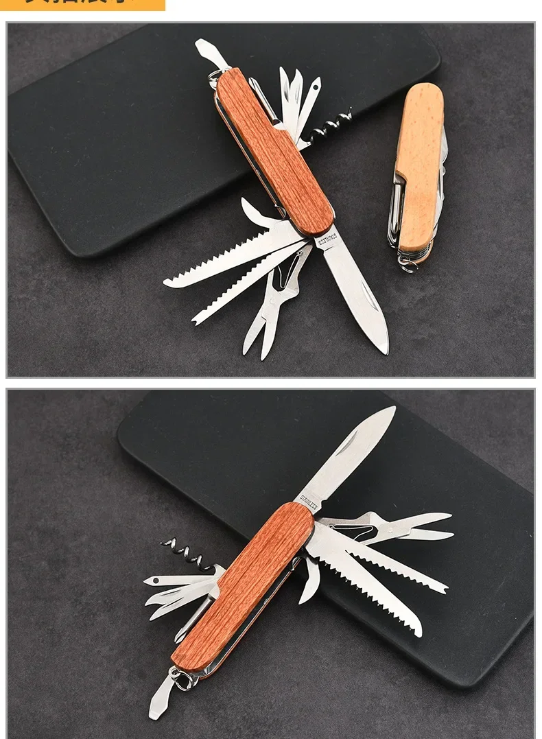 Neues 11-in-1-Multitool mit Holzgriff, tragbares, faltbares Militär-Messer, EDC-Überlebenswerkzeug, Camping- und Notfallwerkzeug – Detail 10