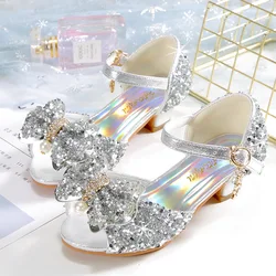 Children's Casual Shoes Fashion Crystal Princess Shoes 2024 New Girls Wedding High Heels Student Performance Silver Kids Sandals