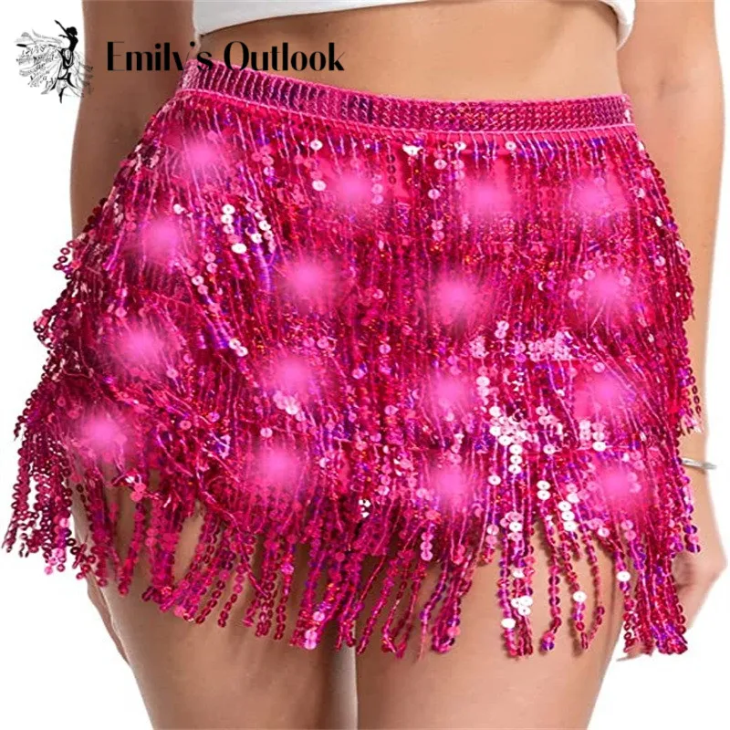 Light Up Hip Scarf  Star Fringe Shiny Belly Dance Costume Accessories Led Rave Sequin Tassel Skirts for Festival Show Carnival