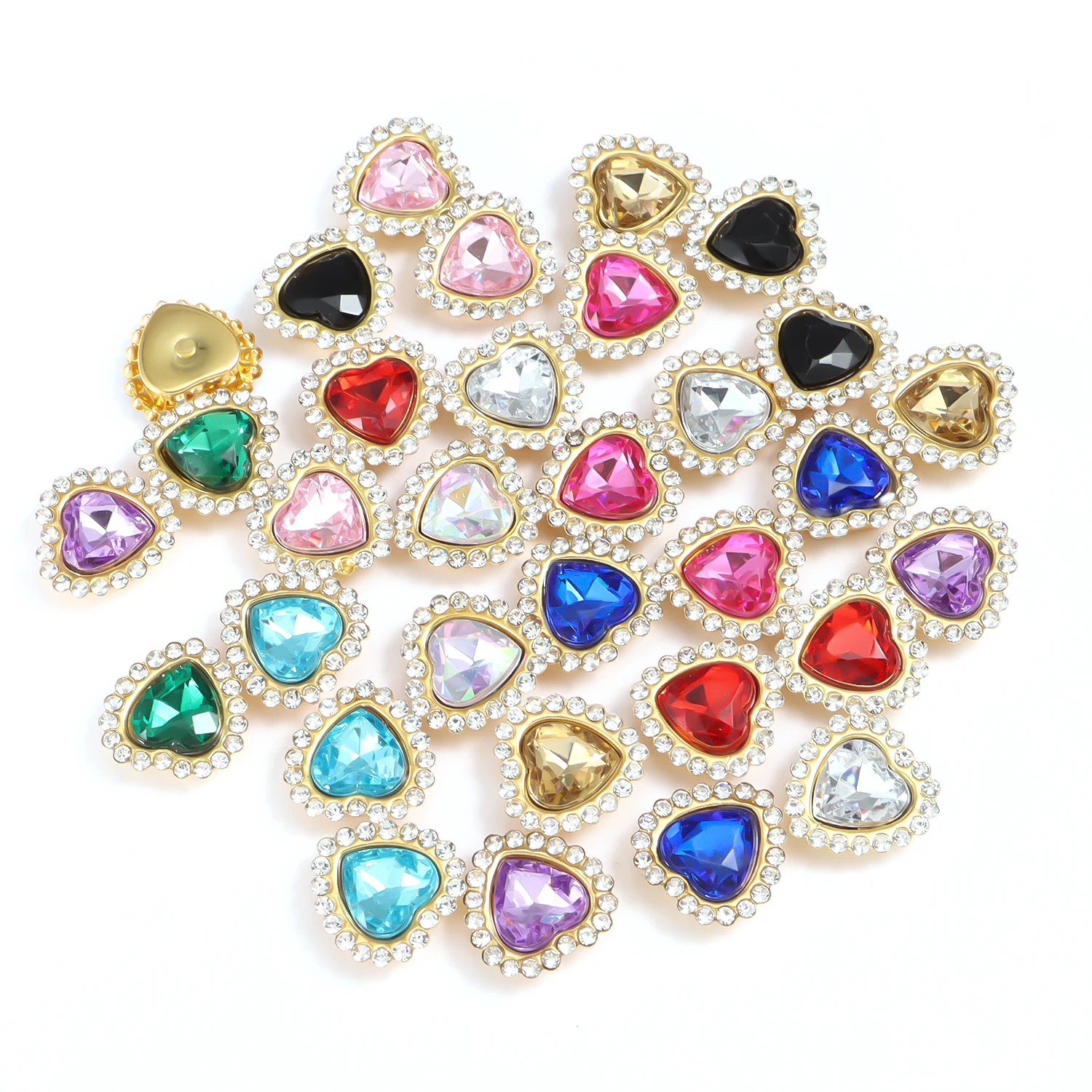 30pcs 10mm Peach Heart Sunflower Gold Flat Bottom Hand Sew On Glue On Rhinestone DIY Clothes Shoes Bag Hair Jewelry Accessory