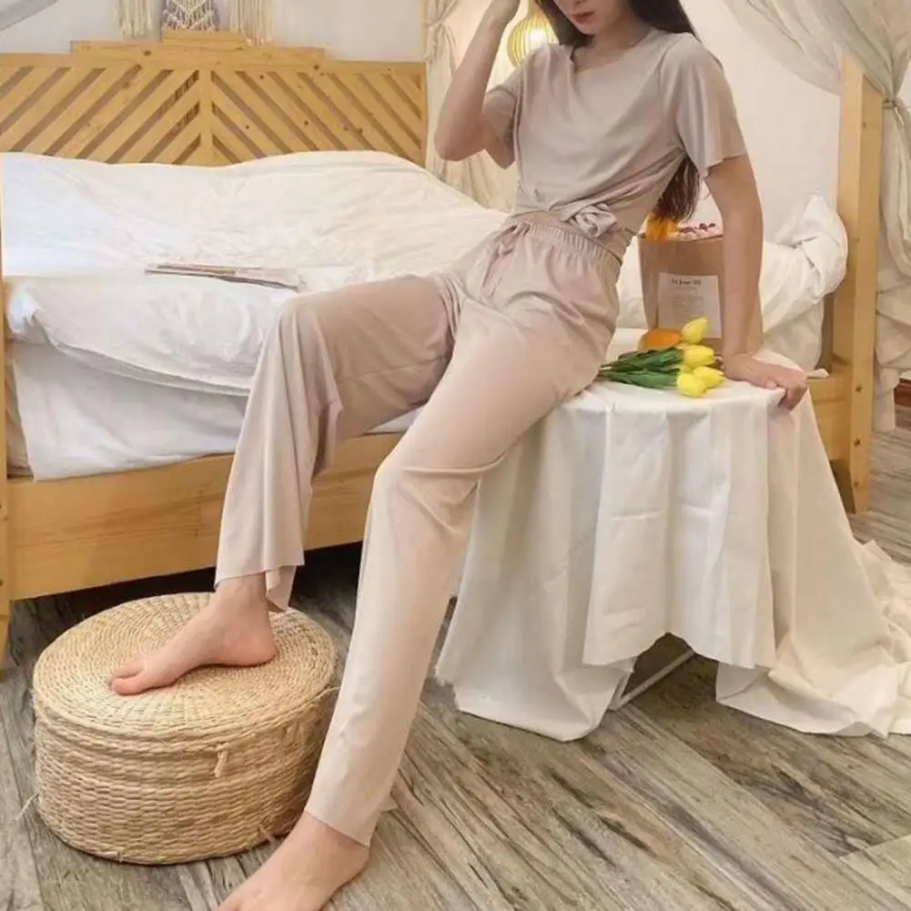 Ice Silk Home Clothes Stylish Women\'s Summer Sleepwear Set 2-piece Ice Silk Pajamas with Round Neck T-shirt Wide Leg for Casual