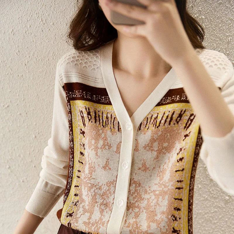 2023 Spring Autumn Printing Fashion V-neck Sweater Women High Street Casual Long Sleeve Button Cardigan Elegant All-match Tops