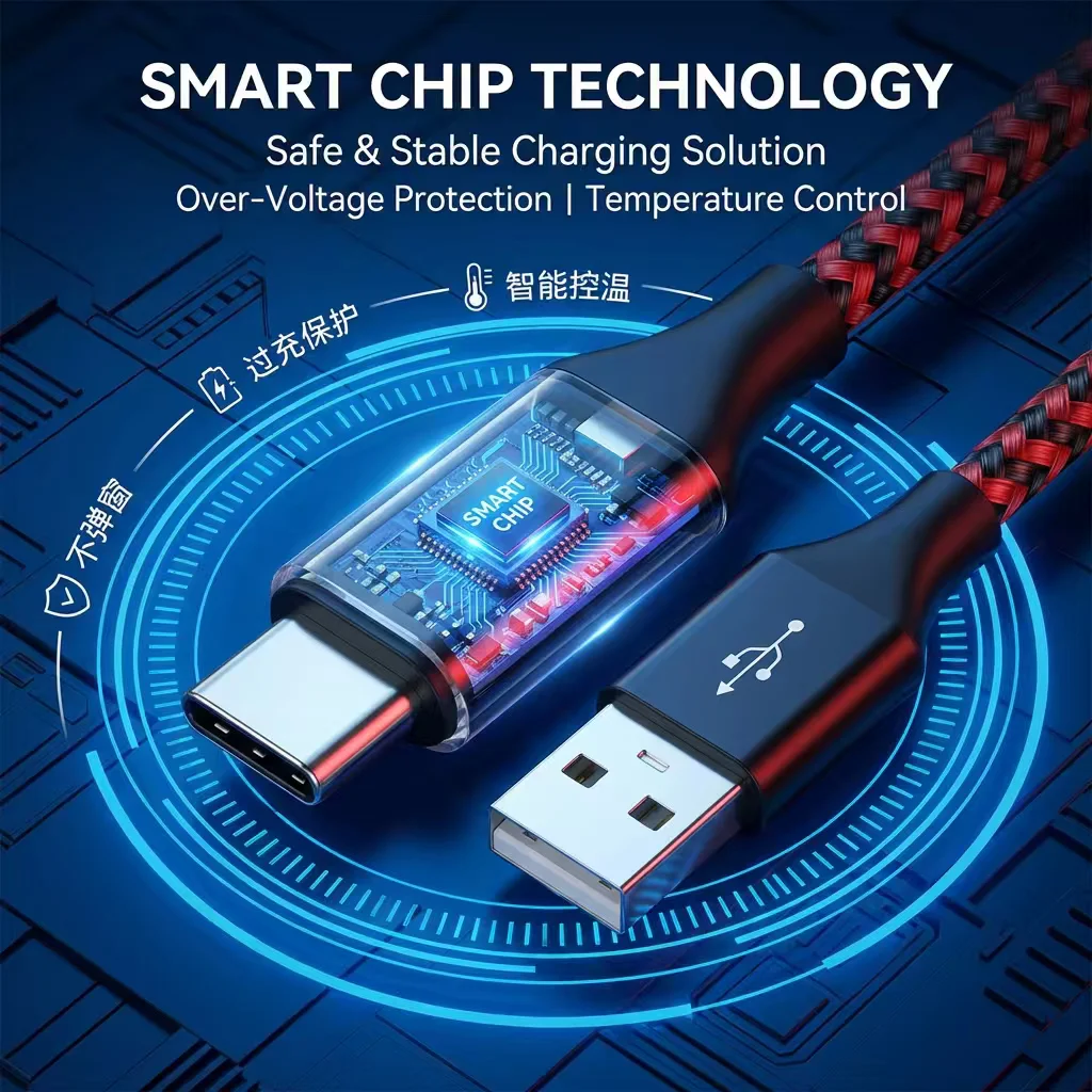 USB-C Cable Smart Chip Safe Fast Charge Braided Wire for Samsung Xiaomi Overheat Protection