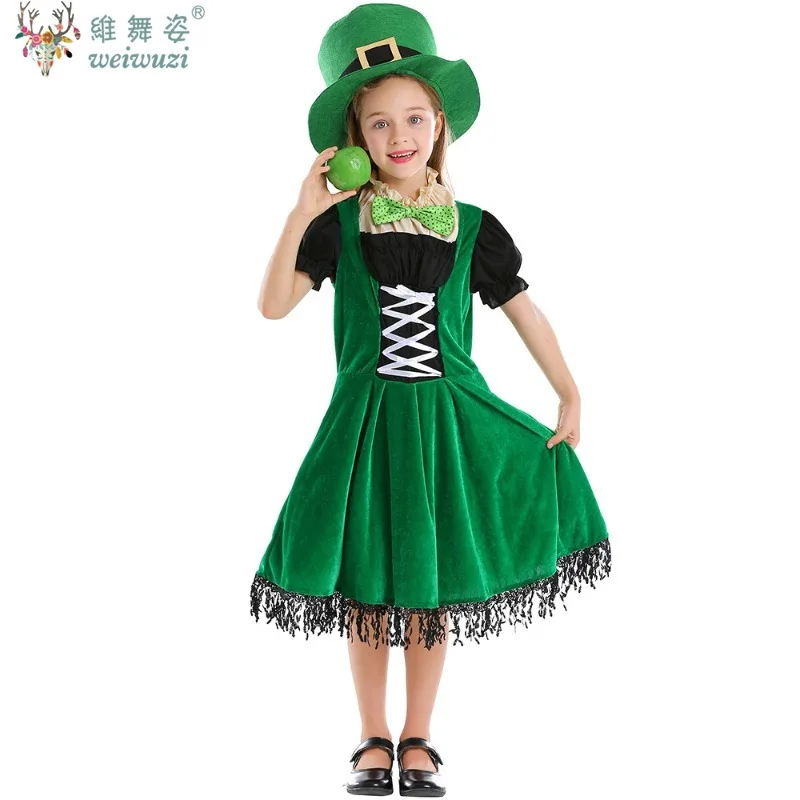 

St Patricks Day Irish Folk Dance Dress Elf Leprechaun Performance Costume Kid Girls Green Carnival Festival Cosplay Outfit Dress