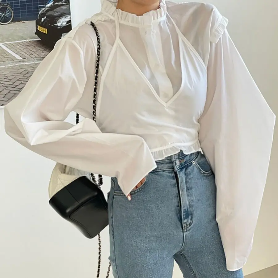 

Женский комплект из двух предметов: топ с длинным рукавом и воротником-стойкой, универсальный, из хлопка, в французском стиле, повседневный, модный, весенний сезон