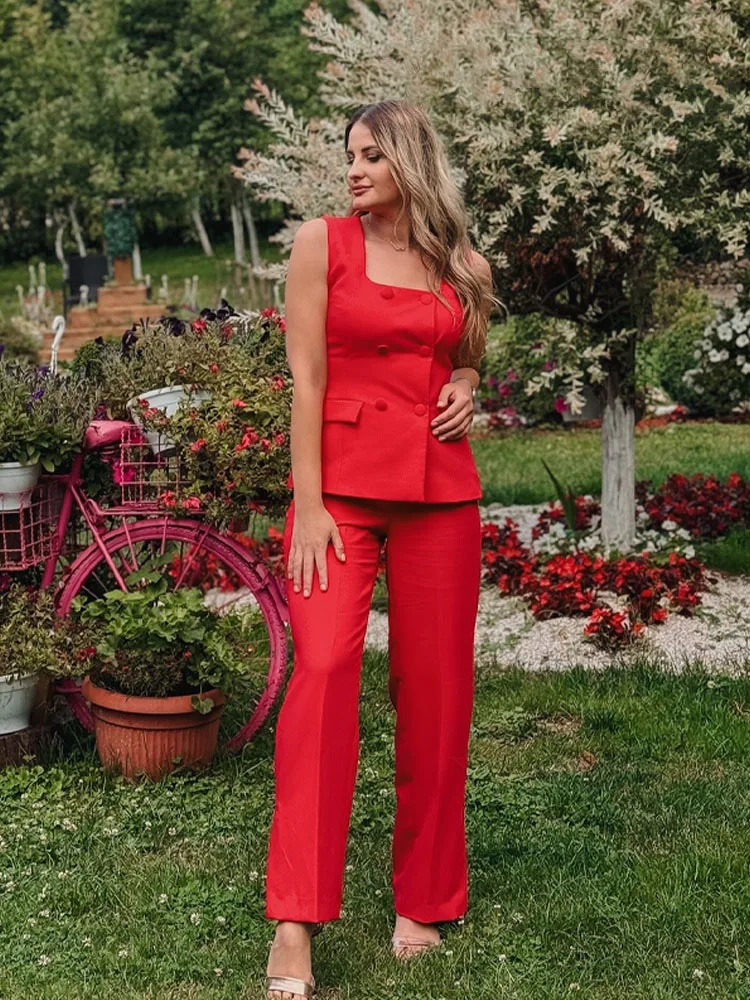 HH Abiti moda donna Collo quadrato senza maniche Gilet doppio petto Top + Pantaloni Stralght con spacco a vita media Set estivi femminili